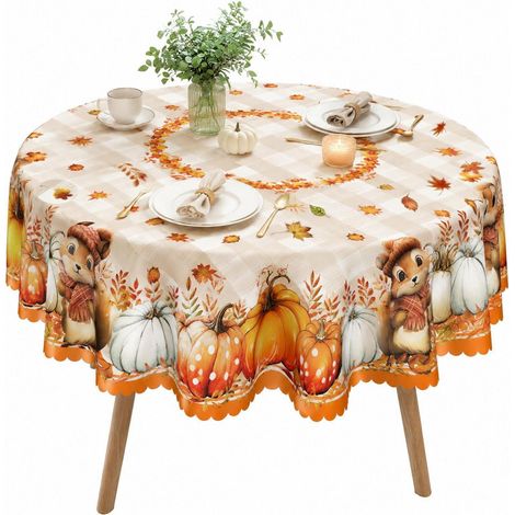 Runde Tischdecke 152cm mit Herbstmotiv, Kürbis & Ahornblatt, abwaschbar