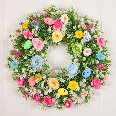 Couronne de Pâques avec œufs colorés et fleurs – Couronne artificielle de 50 cm pour porte, mur, fenêtre et décoration de fête (1/4)