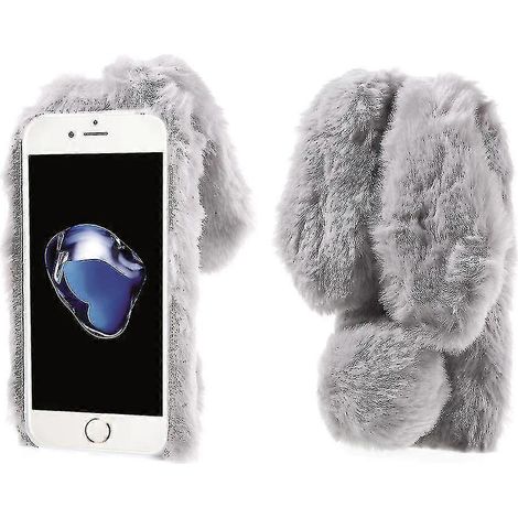 Handyhülle aus TPU in Hasenform mit warmem Fellbezug für iPhone SE (2020)/SE (2022)/8/7 (4,7 Zoll) – Weiß-Grey