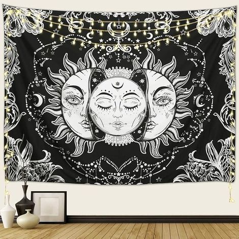 BEBUSINGOTO Tapisserie Soleil et Lune, Soleil et Étoiles Psychédélique Pop Mystique Tapisserie Murale à Suspendre pour Chambre Esthétique Couverture de Plage Noir et Blanc (150130cm) (1/5)