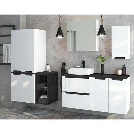 Badmöbel Komplett Set Hochglanz weiß mit Beton-Dunkel SOFIA-107 mit Keramik-Waschtisch & Spiegelschrank, B/H/T ca. 240/200/46 cm (1/5)