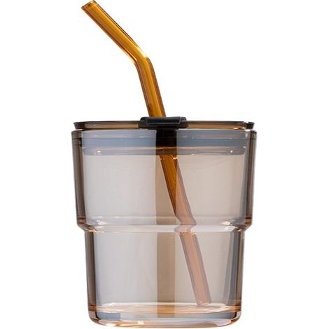 Beyamis Gobelet isotherme portable en verre avec paille et couvercle hermétique, tasse à parois épaisses pour café et thé glacé (ambre) (1/5)