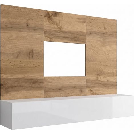 Ensemble meuble TV mural Switch PR1 - Bois MDF blanc et chêne Wotan - 180 x 148 x 40 cm - Livraison gratuite (1/2)