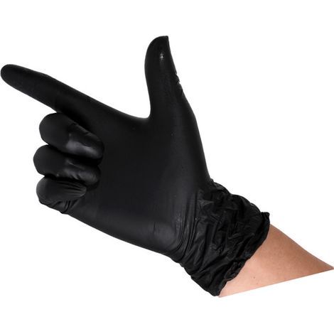 100 hochelastische, lebensmittelechte PVC-Handschuhe, Schutzhandschuhe für Reinigung und Gastronomie, schwarz, Größe M (1/5)