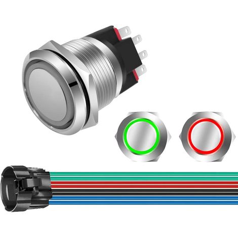 Bouton Poussoir Momentané 12V-24V/10A NO/NC Etanche avec Lumière LED Verte/Rouge Illuminée 22mm Bouton Poussoir de Démarrage en Métal avec Fil de Prise (1/5)