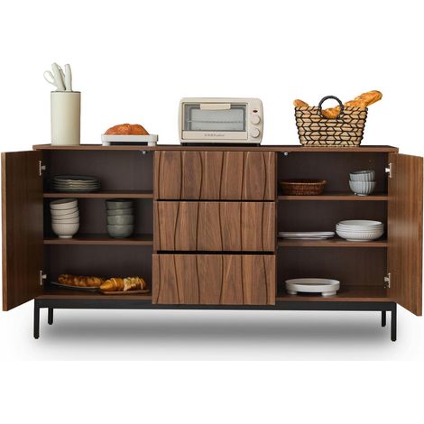 Buffet 150cm Chêne Foncé 3 Tiroirs 2 Portes Design Rainuré Pieds Métal Noir (1/5)