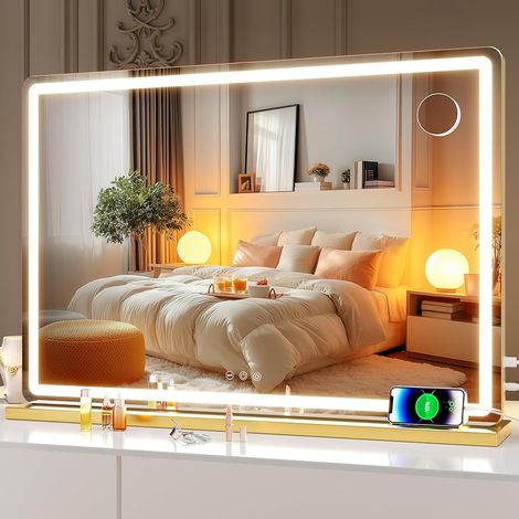 Hasipu Kosmetikspiegel mit Lichtern, 80 x 55cm LED-Schminkspiegel, beleuchteter Schminkspiegel mit dimmbaren 3 Modi, Touchscreen-Steuerung, Kosmetikspiegel