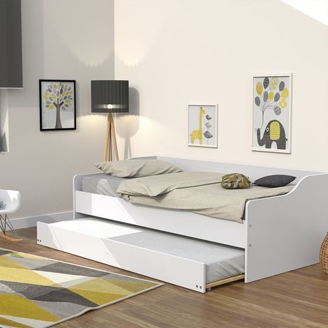 Le Quai Des Affaires – Lit gigogne 90x200 – 2 sommiers à lattes – 1 tiroir-lit sur roulettes – Structure en panneau de particules blanc – Dimensions 203x95x64 (1/8)