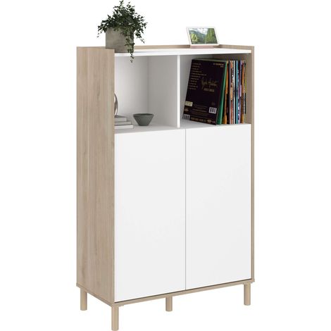 Buffet de salon et salle à manger de style nordique Azzaro en chêne japonais et blanc avec 2 portes et 2 espaces ouverts 84x135x40 cm (1/5)