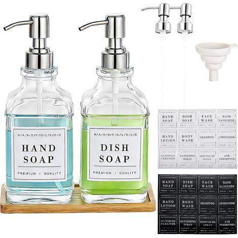 Distributeurs de Savon en Verre, 2 Pack 500ml Distributeur de Savon de Salle de Bain avec Argent Pompe en Acier Inoxydable Antirouille, pour Salle de Bain, Cuisine, Décoration'Transparent + Argentée P