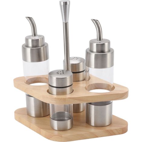 Ensemble de Bouteilles d'Épices en Acier Inoxydable Transparent avec Support en Bois pour Cuisine (1/5)