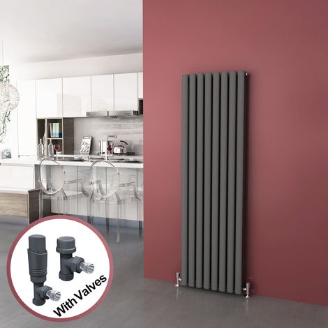 ELEGANT Vertical Column Designer Radiator Anthracite Oval Double Panel Rad 1600 x 472mm + Thermostatic Radiator Valves (1/5)