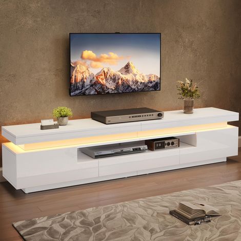 Meuble TV 175×38×45 cm, laqué brillant LED, 2 caissons en L, 1 tiroir, rangement semi-ouvert. Pour TV jusqu’à 75 pouces.