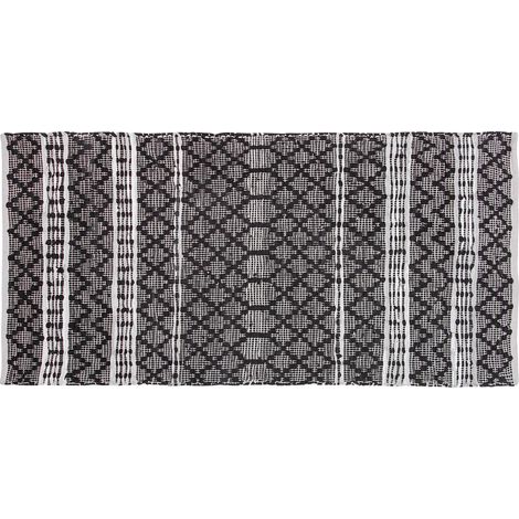 Alfombra negra con beige 80 x 150 cm estilo moderno contemporáneo hecha a mano de cuero genuino patrón de chevron Fehimli