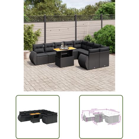 The Living Store 10-tlg. Garten-Sofagarnitur mit Kissen Schwarz Poly Rattan - Gartenmöbel Set - PE-Rattan Möbel - Outdoor Lounge - Gartenlounge - Terrassenmöbel (1/3)