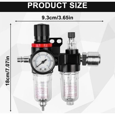 SABIR Druckluft-Druckminderer: 1/4"-Druckluft-Druckminderer mit Wasserabscheider, Schnellkupplungen und Manometer, Luftfilter, Wartungseinheit für Druckluft-Druckregler (1/5)