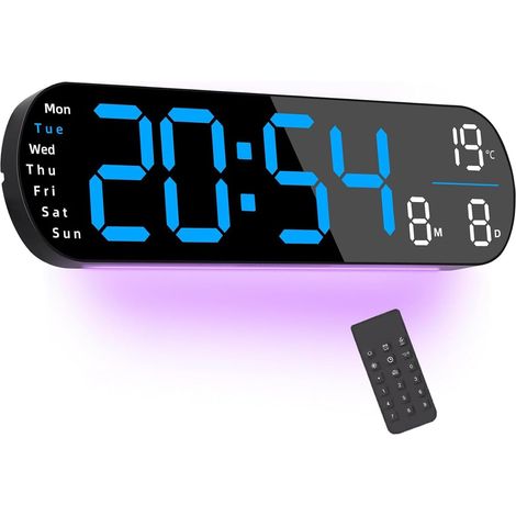 Horloge murale numérique LED avec compte à rebours 9 lumières ambiantes, télécommande, température, date, 10 niveaux de réglage de la luminosité (1/5)