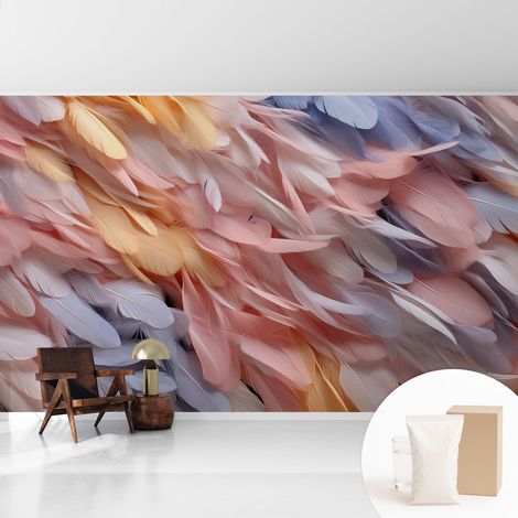 Papier peint intissé mural pour salon chambre à coucher tendance et originale - Colle incluse gratuite Plumes pastel 416x254 cm (1/5)