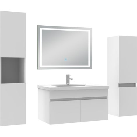 Acezanble Ensemble meuble Salle de Bain 80cm avec colonne + miroir lumineux 3 couleurs blanc