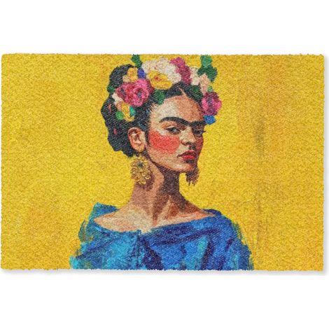 FELPUDO Frida Kahlo - Mujer - Amarillo - Azul - Flores 60x40 cm (1/5)
