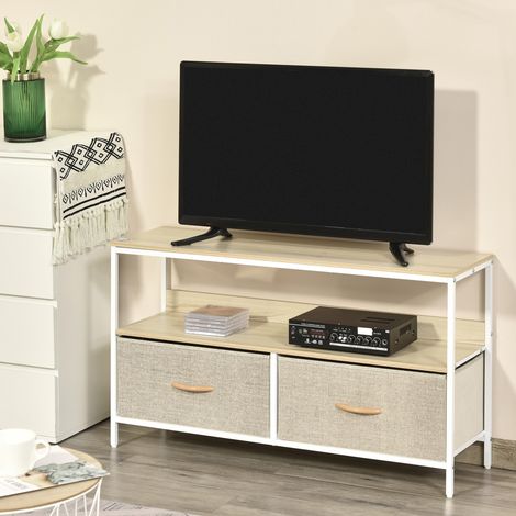 Meuble TV bas sur pieds style industriel, 2 tiroirs en tissu gris, bois naturel et métal, blanc