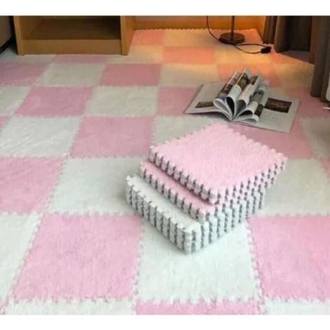 SURENHAP Tapis de sol emboîtable en mousse pelucheuse Tapis de sol en mousse en peluche, 10 puericulture d'eveil Rose Blanc