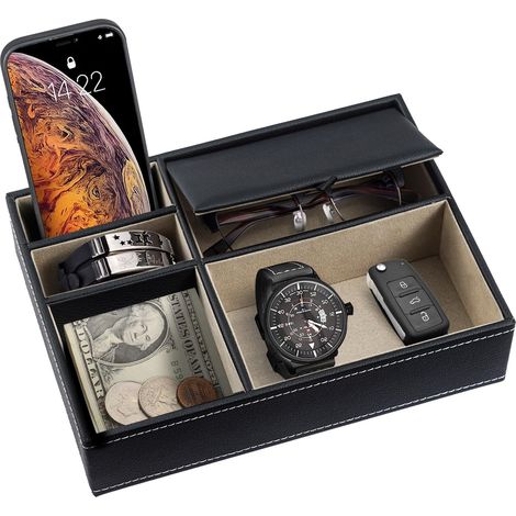 Youyijia Tray Organizer Dresser-Top Organisers PU Leather Valet Tray Organizer 5-Compartment Nightstand & Desk Catchall for Phone Wallet Keys Jewelry Watch Sunglasses 26 x 18.7 x 5.3cm (Black) (1/5)