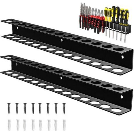 Porte-tournevis 2 pièces avec tubes d'expansion et vis, organisateur mural à 14 trous pour outils de garage, atelier, étagère murale de 40 cm pour pinces, clés, marteau (noir) (1/5)