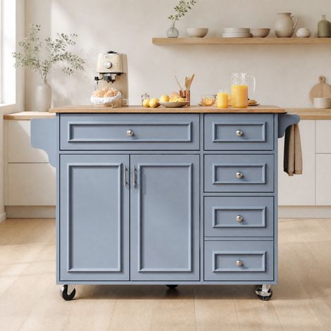 Isola da cucina 110/75/92 cm in MDF Baby Blue con piano pieghevole e vano contenitore (1/5)