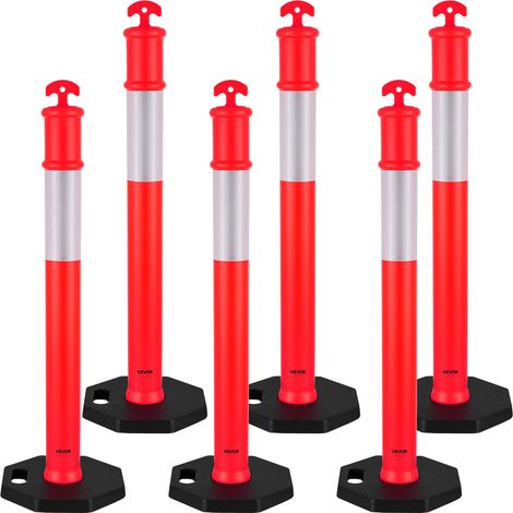 Poteau de Signalisation 6PCs 114 cm, Balise de Délimitation avec Base Lestée et Bandes Réfléchissantes, Délinéateur de Circulation pour Contrôle des Foules, Chantier Stationnement, Rouge (1/5)