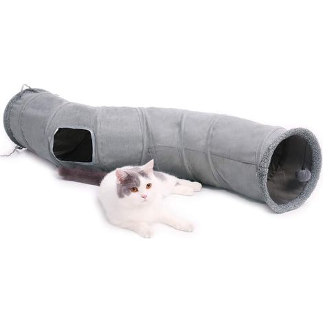 Tunnel Pour Chat - Forme S - Diamètre 27 cm Longueur 117 cm - En Daim Artificiel avec Anneaux Métalliques Renforcés - 2 Ouvertures + Balle Suspendue - 1 Pièce (1/5)