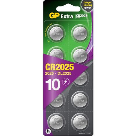 Piles CR2025 Lot de 10 - Batteries CR 2025 Lithium 3V - GP Extra (1/4)