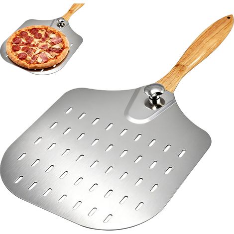 Pelle à pizza perforée - Grande taille - 39 x 31 cm - En alliage d'aluminium - Avec poignée en bois amovible - Pour pizza, pain, gâteau - Design perforé (1/5)
