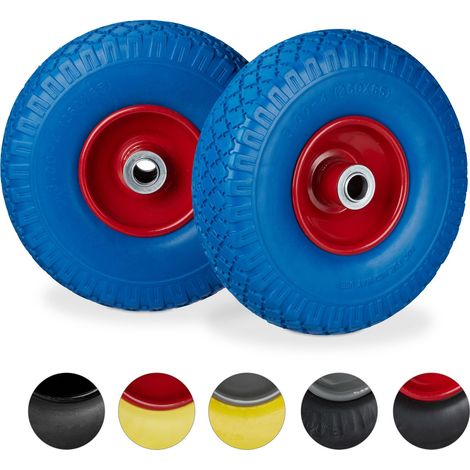 4 x Sackkarrenrad, pannensichere Vollgummireifen, 3.00-4" Stahlfelge, 20 mm Achse, 100kg, Ersatzrad 260 x 85mm, blau-rot