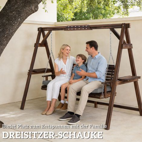 Balançoire Hollywood jardin bois massif 3 places, avec coussins assise et tablettes, charge max 330 kg, finition brûlée (1/4)