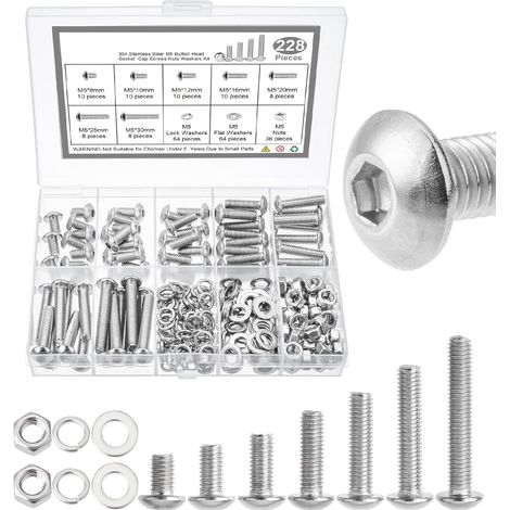 Surtido de tornillos y tuercas, 228 piezas, acero inoxidable, tornillos M5, tornillos de cabeza redonda y de cabeza hueca, tuercas y pernos variados. (1/5)