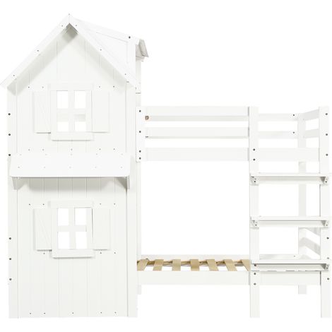 Cama litera infantil 90x200 cm con techo, ventanas, barandillas y escalera de 3 peldaños blanca (1/5)