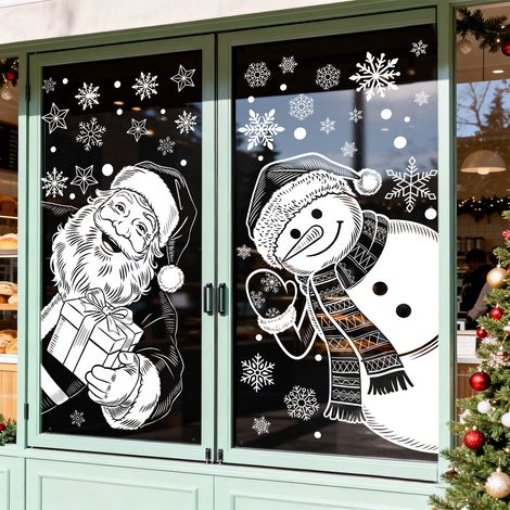 Autocollants de Noël, autocollants blancs pour portes vitrées avec le Père Noël, autocollants statiques flocons de neige et bonhommes de neige, décorations d'hiver pour fenêtres.