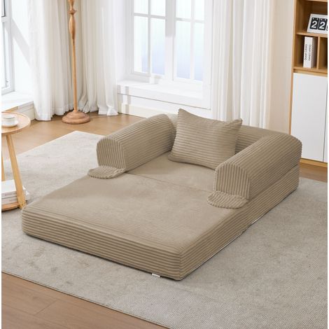 Sofá cama convertible de 1 plaza en tejido corduroy marrón con cojín, 120 x 85 x 65 cm OKMYHOME (1/5)