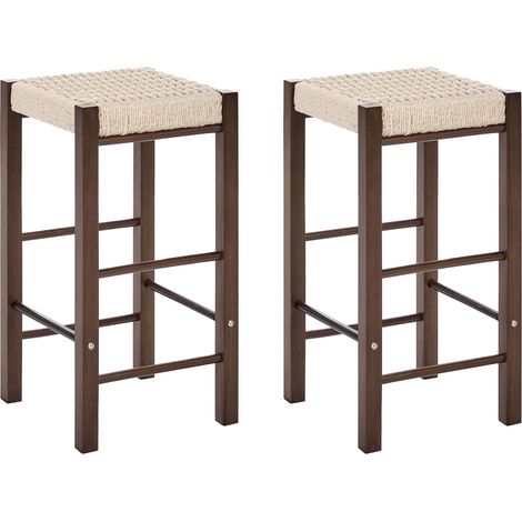 Set of 2 Bar Stools Dark Brown Rubber Wood Woven Seat Boho Style Kitchen Dining Room EMBRUN (1/5)