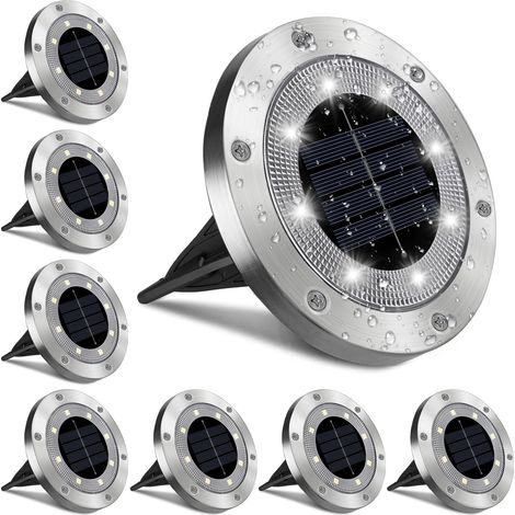 Lampes solaires de sol, 8 LED IP65 étanches, blanc brillant, idéales pour les jardins, allées, terrasses et pelouses (lot de 8). (1/5)