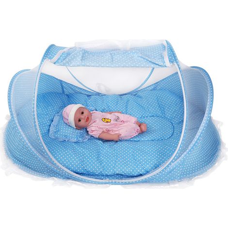 Moustiquaire pliable portable avec matelas et oreiller pour berceau bébé (bleu) (1/5)