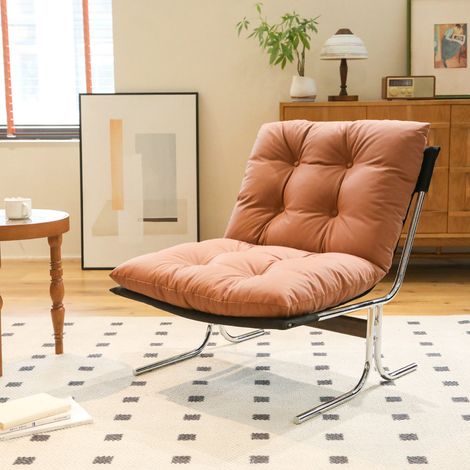 Sillón lounge de polipiel marrón con estructura de metal, estilo Barcelona (1/5)