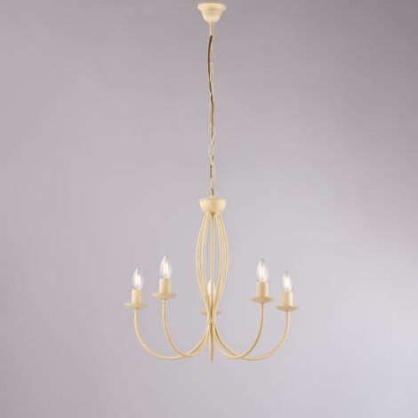 Elfenbeinfarbener Kronleuchter aus Eisen mit fünf Lichtern 55x h53 cm