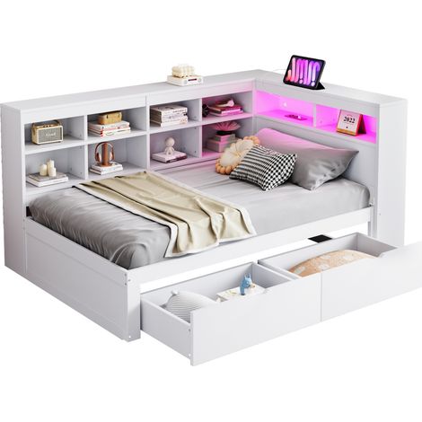 Canapé-lit 90x200 cm avec rangements, USB, prises et LED multicolore, cadre en bois blanc, lit banquette gain de place pour chambre moderne CHICFURN (1/5)