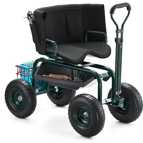VEVOR Carrello da Giardino con Ruote Portautensili Portaoggetti, Carico max. 181 kg, Sedile da Lavoro Girevole 360° Carrello per Giardinaggio Maniglia Estensibile, Tosaerba (1/5)