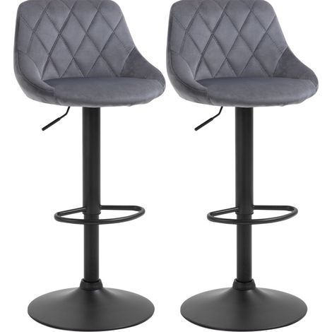 Lot de 2 tabourets de bar réglables en hauteur avec dossier, revêtement velours gris foncé, piètement métal avec repose-pieds pivotant 360° (1/5)