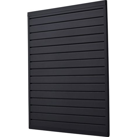 Panneau mural à lattes PVC 4x4 ft, design modulaire noir, installation facile, structure à couplage, découpe DIY, idéal pour rangement et exposition. (1/5)