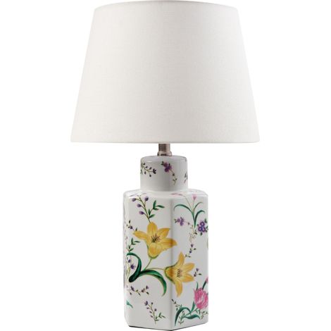 Lampada da tavolo elegante con base in porcellana Patten floreale Paralume in lino a tamburo Illuminazione bianco Cavado