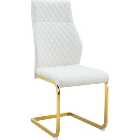 Silla de comedor blanca acolchada en rombos, respaldo alto, metal dorado, set de 2 (1/5)